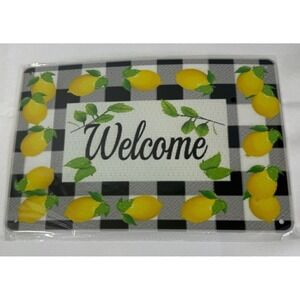 NEW Welcome Metal Sign Buffalo Plaid Yellow Lemon Wreaths Craft Cottagecore 12x8